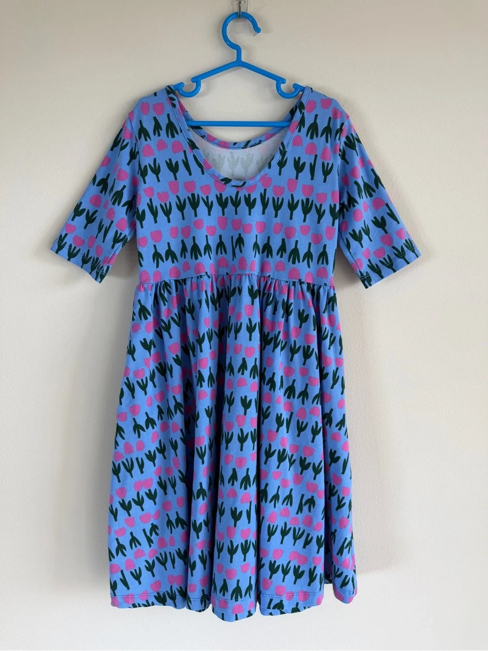 Hanna Andersson Girls Skater Dress Size 8 Blue Pink Tulip Print Pockets Cotton